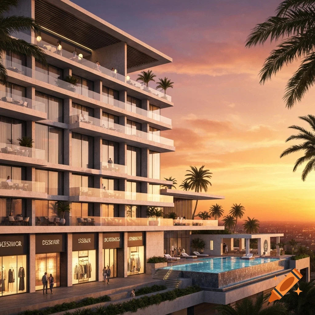 A modern multi-story hotel with ground-floor shops and an infinity pool, set against a vibrant sunset sky with palm trees.