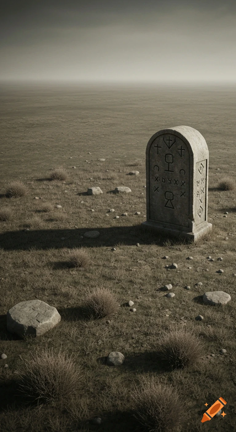 A weathered stone tombstone covered in ancient symbols stands in a desolate, grassy field under a cloudy sky.