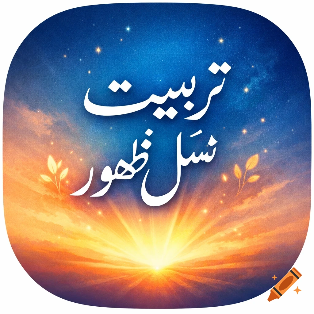 White Arabic calligraphy against a vibrant blue and orange sky, with stars and a radiant sunburst horizon.