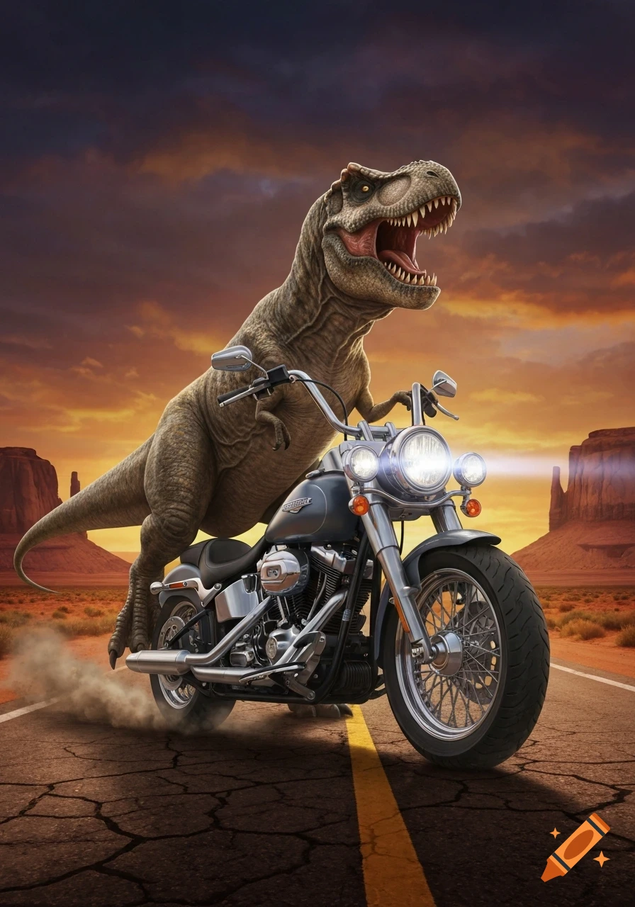 A photorealistic T-Rex roaring while riding a Harley Davidson motorcycle on a cracked desert road at sunset.