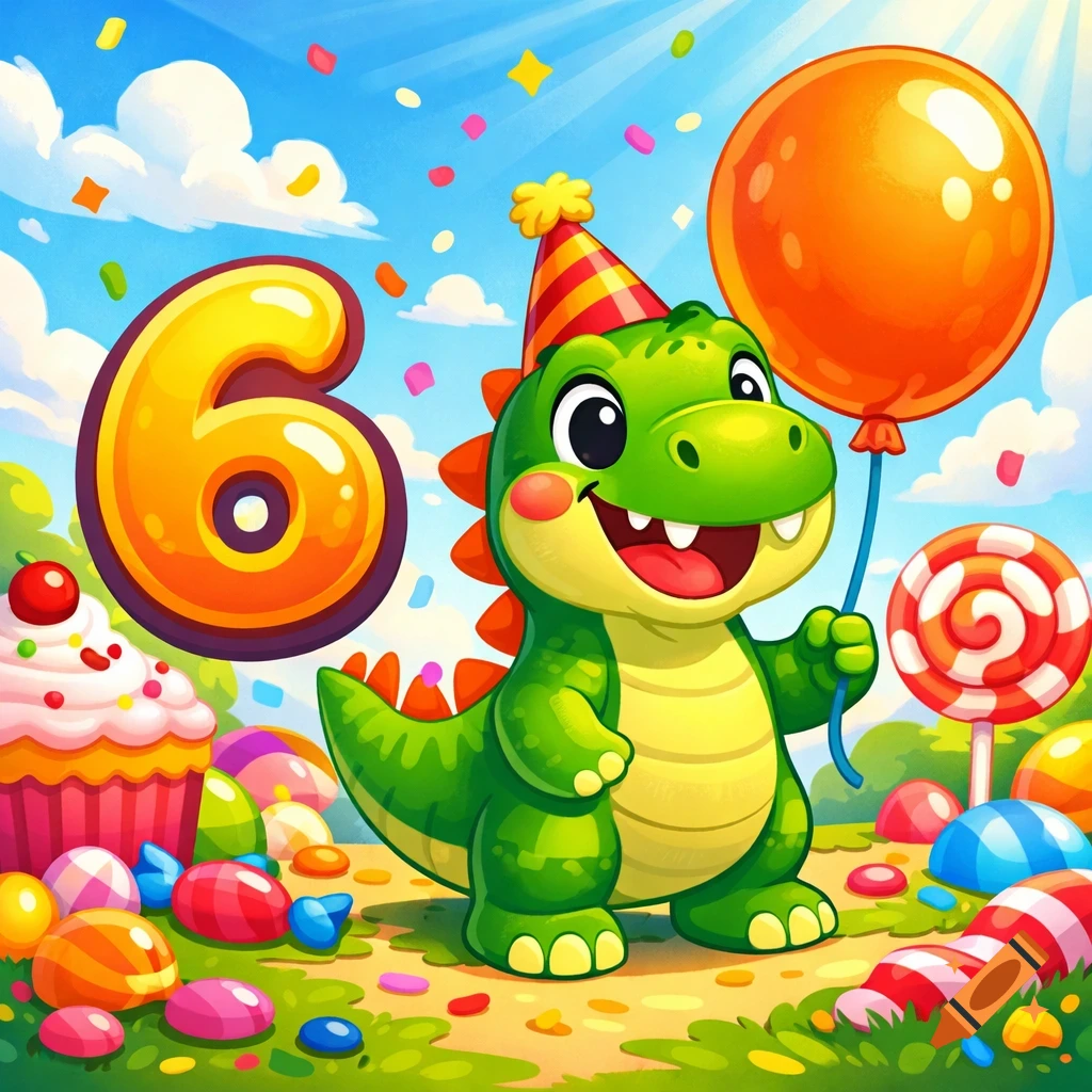 A cheerful cartoon dinosaur wearing a party hat holds an orange balloon next to a large number 6, surrounded by candy and a cupcake.