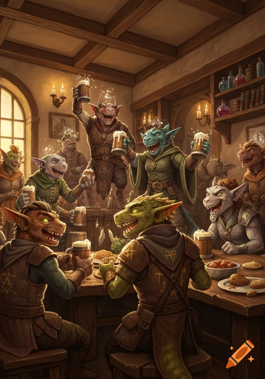 A group of cheerful kobolds in a medieval tavern raising mugs of beer in celebration, rendered in a detailed fantasy art style.
