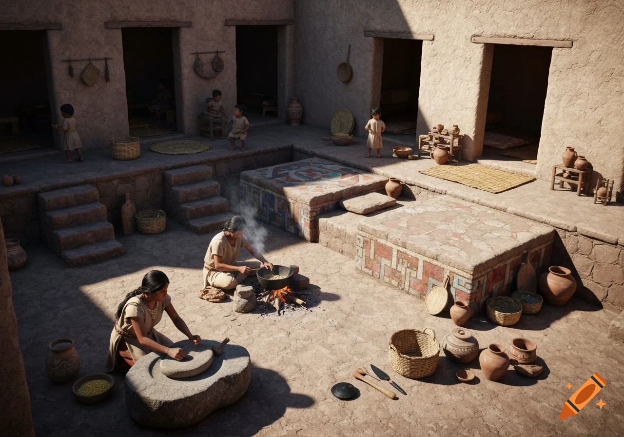 Photorealistic scene of daily life in an ancient Teotihuacan courtyard. People grind maize, cook, and children play among adobe rooms.