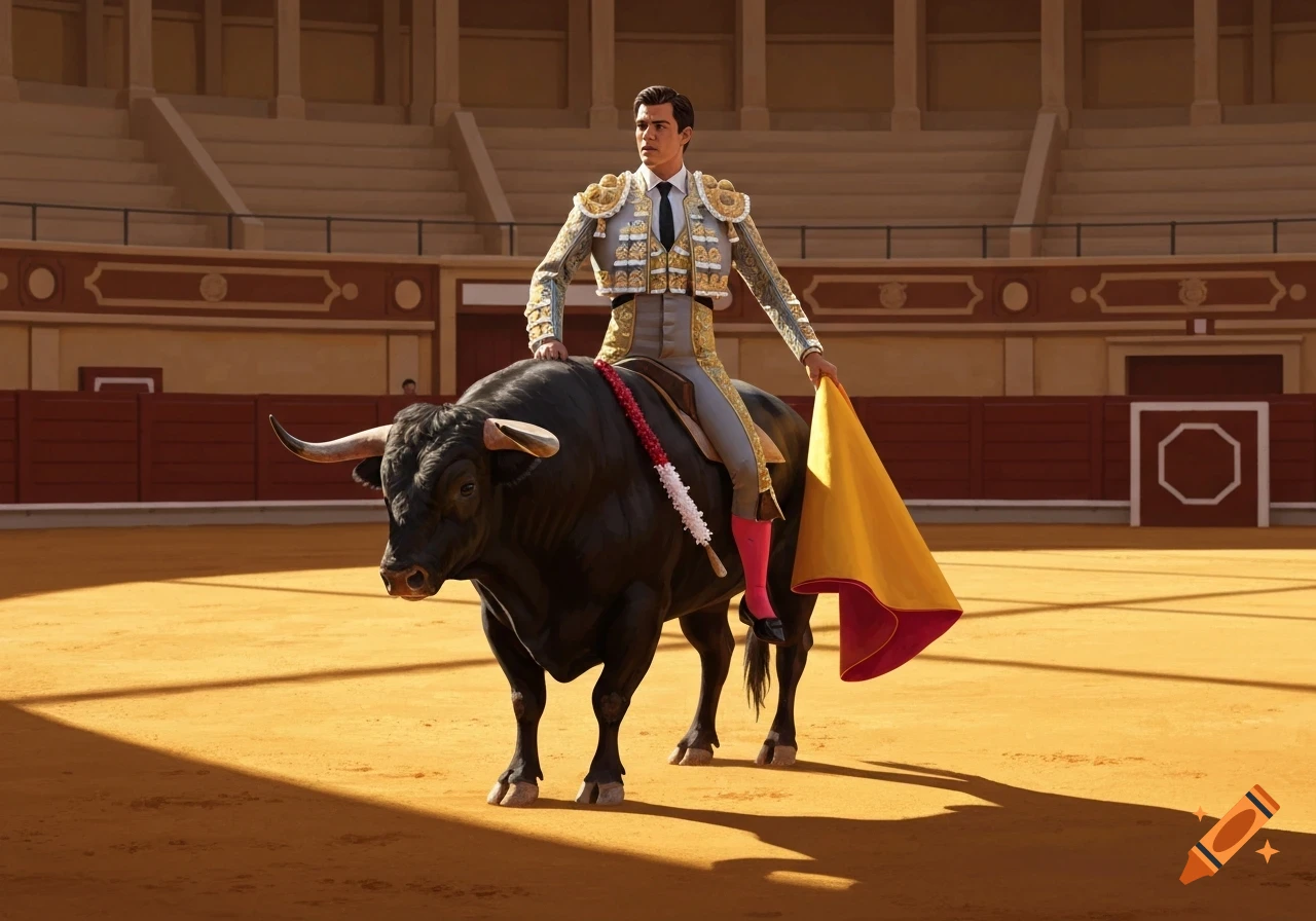 A matador in ornate attire rides a bull in a sunlit bullring, holding a yellow and red cape. Photorealistic style.