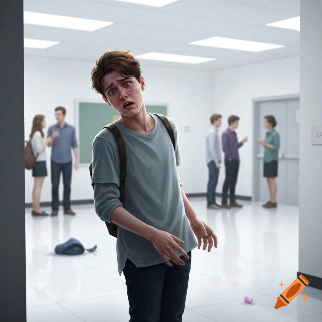 A distressed boy with a backpack stands in a school hallway, looking embarrassed as other students talk in the blurry background. Digital illustration.