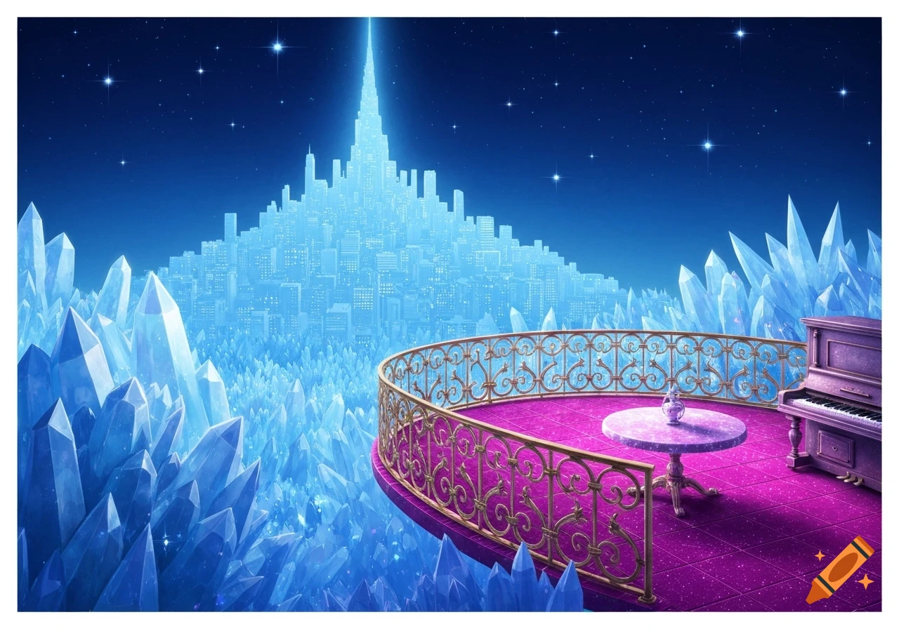 A vibrant fantasy cityscape of baby blue buildings and large blue crystals under a starry night, viewed from a magenta balcony with a piano and table.