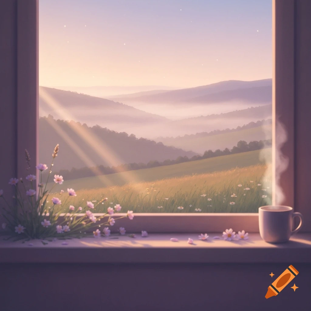 A serene view from a window overlooking misty mountains and a sunlit field with wildflowers and a steaming mug.