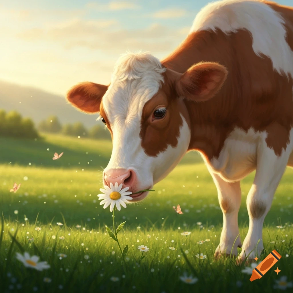 A photorealistic brown and white cow gently holds a daisy in its mouth in a sunny green field with butterflies.