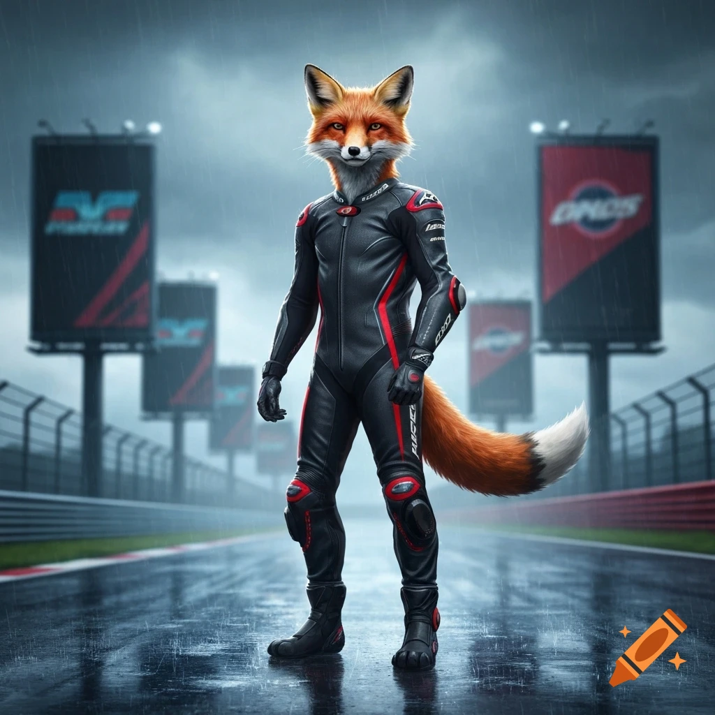 A photorealistic anthropomorphic fox in a black and red leather MotoGP racing suit stands on a wet racetrack under a cloudy sky.