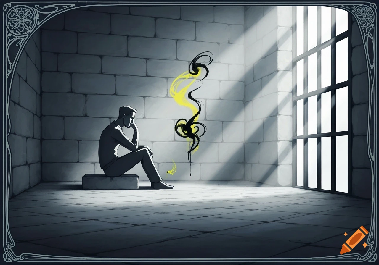 A man sits alone in a dark prison cell, with light streaming through a barred window and abstract black and yellow swirls on the wall, in an Art Nouveau style.