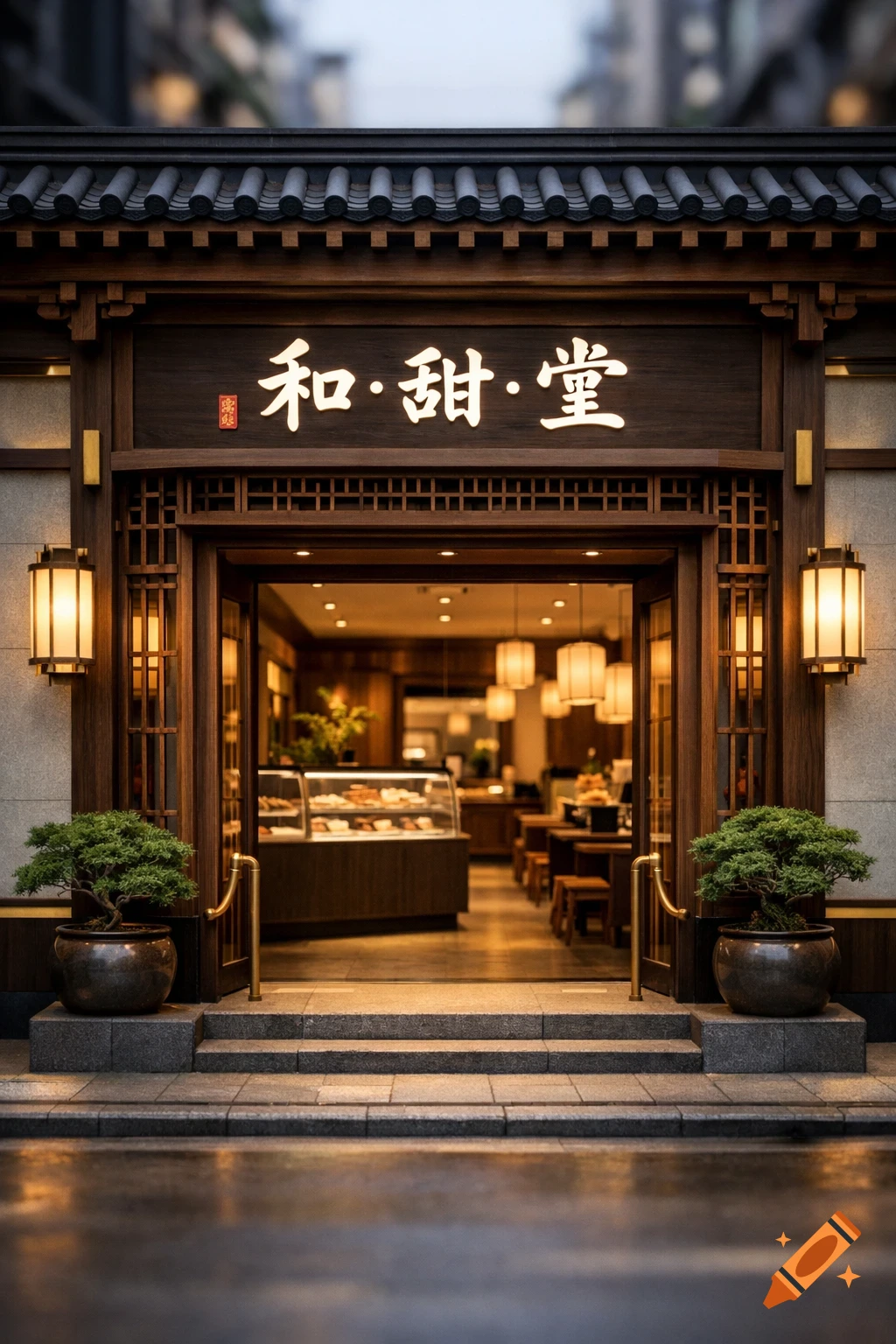 A photorealistic modern Chinese style dessert shop storefront featuring a dark wood sign with white characters, warm lighting, and potted bonsai trees.
