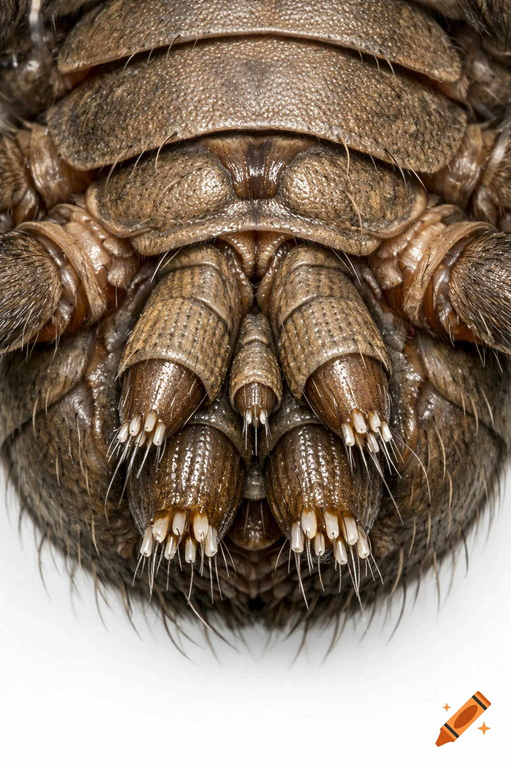 Macro photo of a brown spider's segmented underside, highlighting its detailed spinnerets.