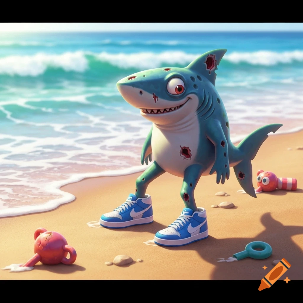 A smiling, cartoonish zombie shark with red eyes and wounds, wearing blue sneakers, stands on a sandy beach next to the ocean.