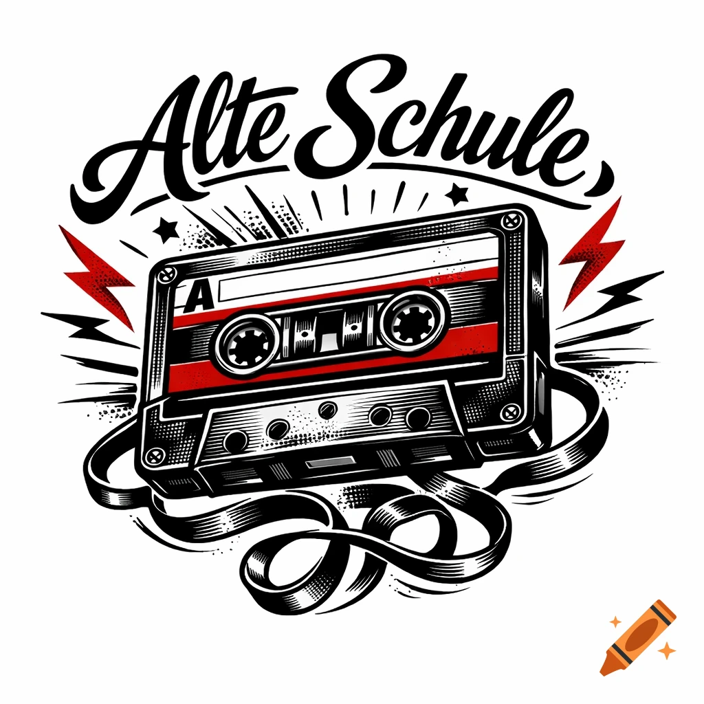 Stylized illustration of a black and red cassette tape with the text 'Alte Schule', surrounded by lightning bolts and stars.