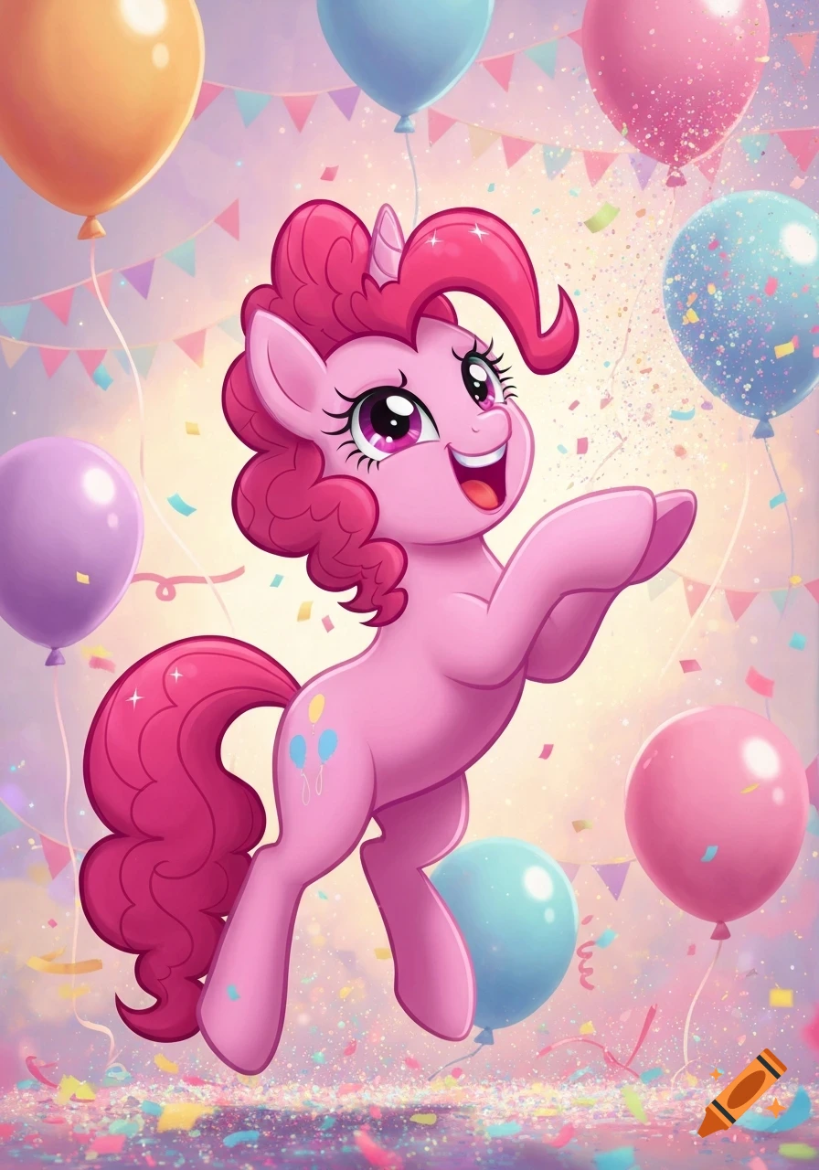 Cheerful pink pony with large eyes, a big smile, surrounded by colorful balloons, confetti, and party banners in a vibrant cartoon style.