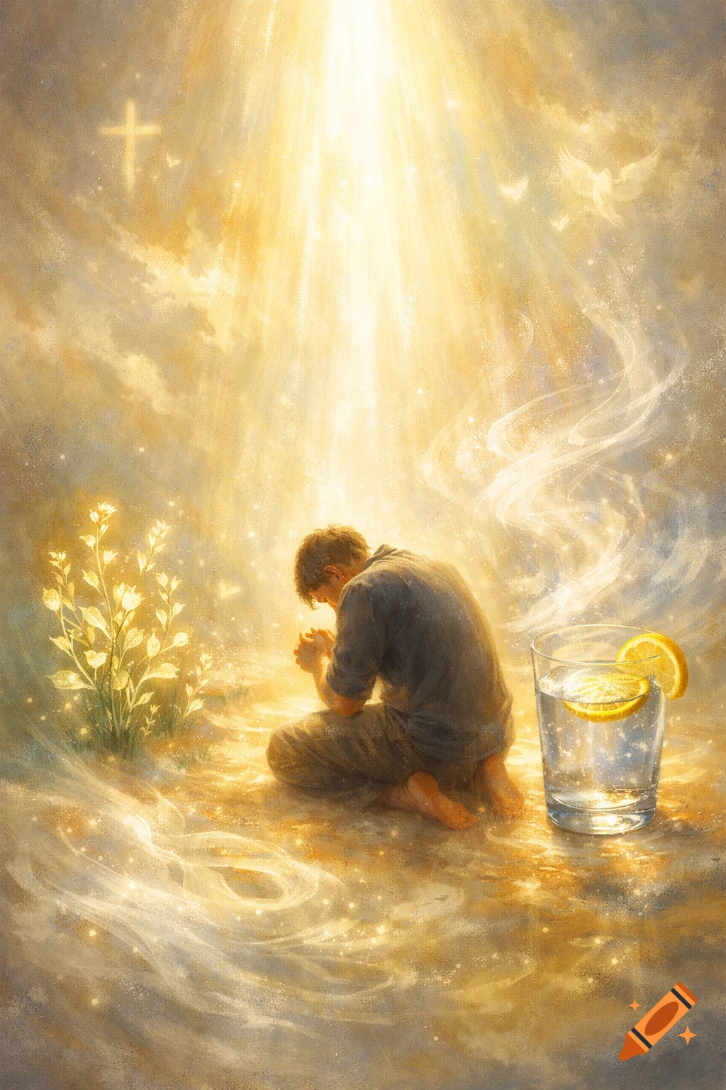 A man kneels in prayer under golden divine light, with glowing plants, a cross, doves, and lemon water, in a spiritual painting.