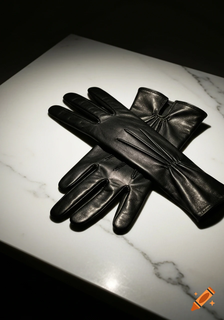 A pair of black leather gloves resting elegantly crossed on a white marble surface, under dramatic lighting.