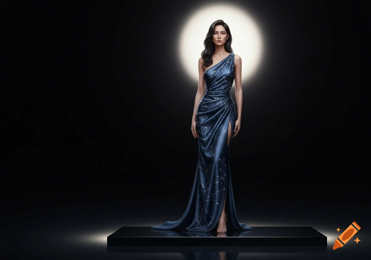 A beautiful woman in a dark blue constellation-patterned gown stands on a reflective platform under a spotlight.