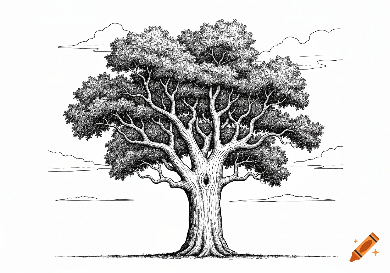 A detailed black and white pen and ink drawing of a large, mature tree with a dense canopy and exposed roots, set against a white background with line-drawn clouds.