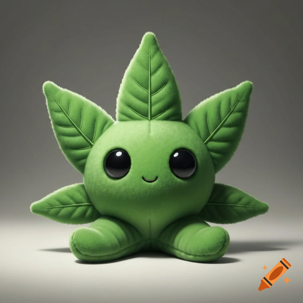 A cute, green, plush toy resembling a cannabis leaf, with large black eyes and a small smile, sitting against a soft gray background.