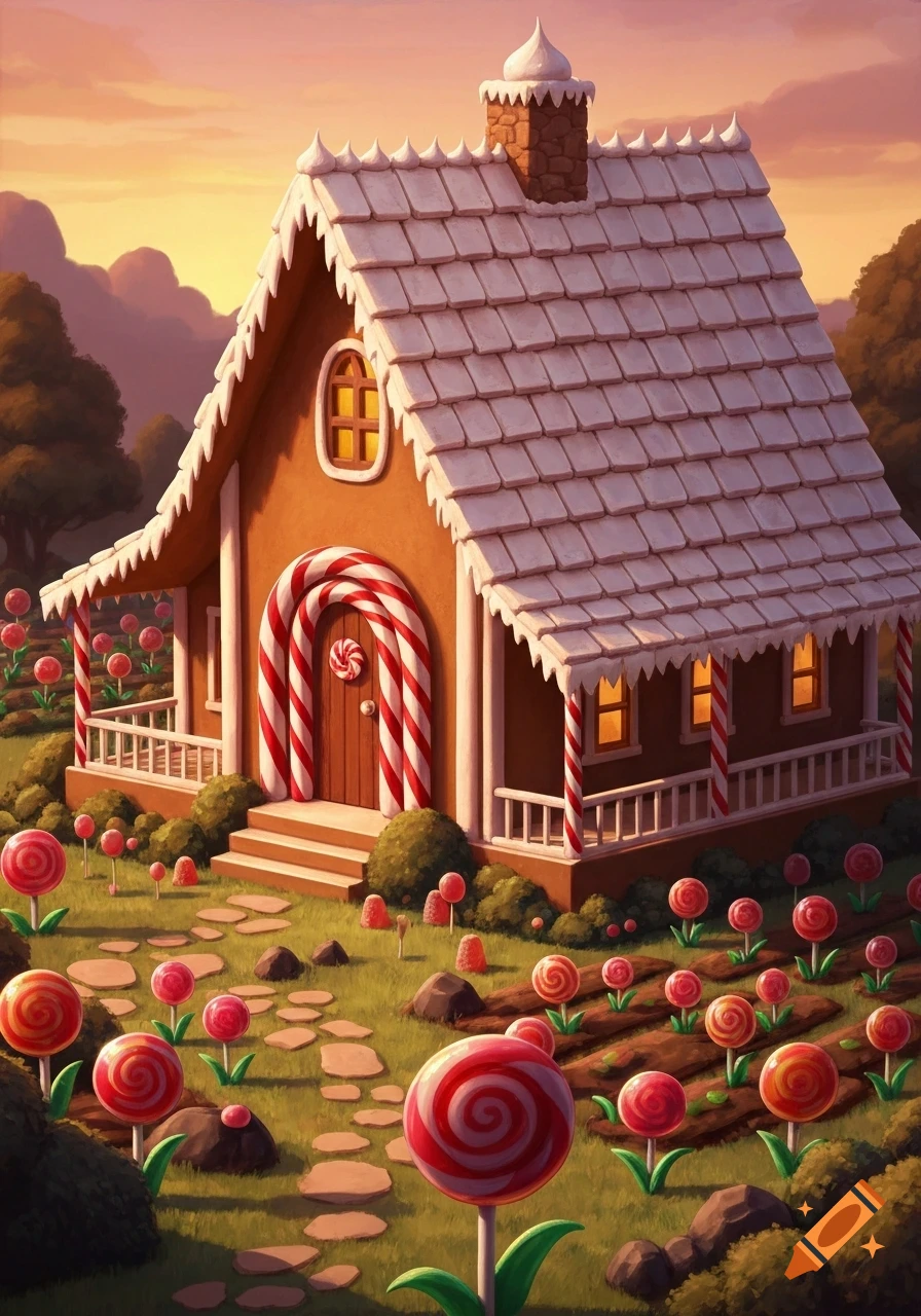 A stylized whimsical gingerbread house with a frosting roof and candy cane door, surrounded by a garden of lollipops and gumdrops at sunset.