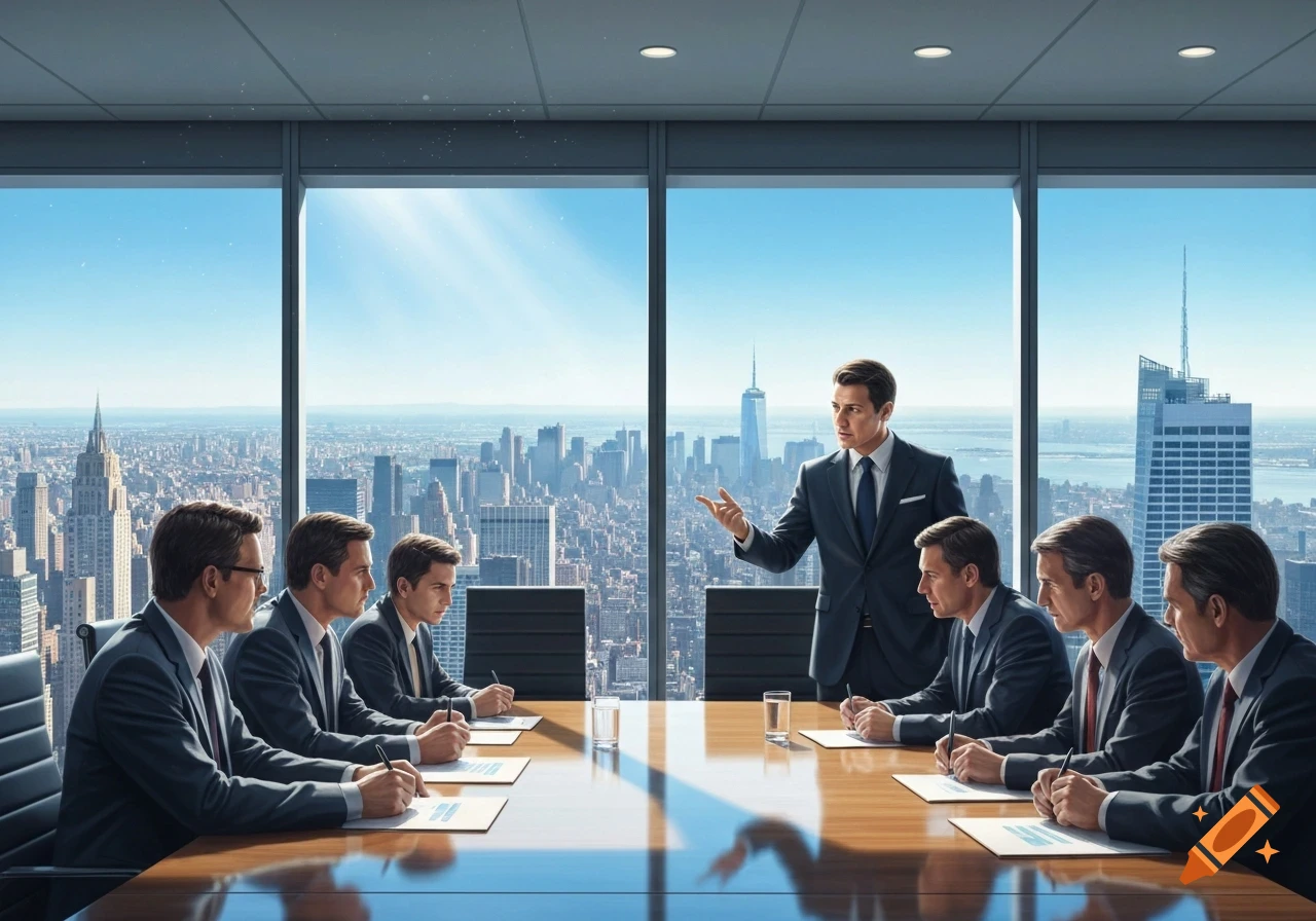 Photorealistic image of a CEO leading a board meeting in a modern skyscraper conference room overlooking a bustling New York City skyline.