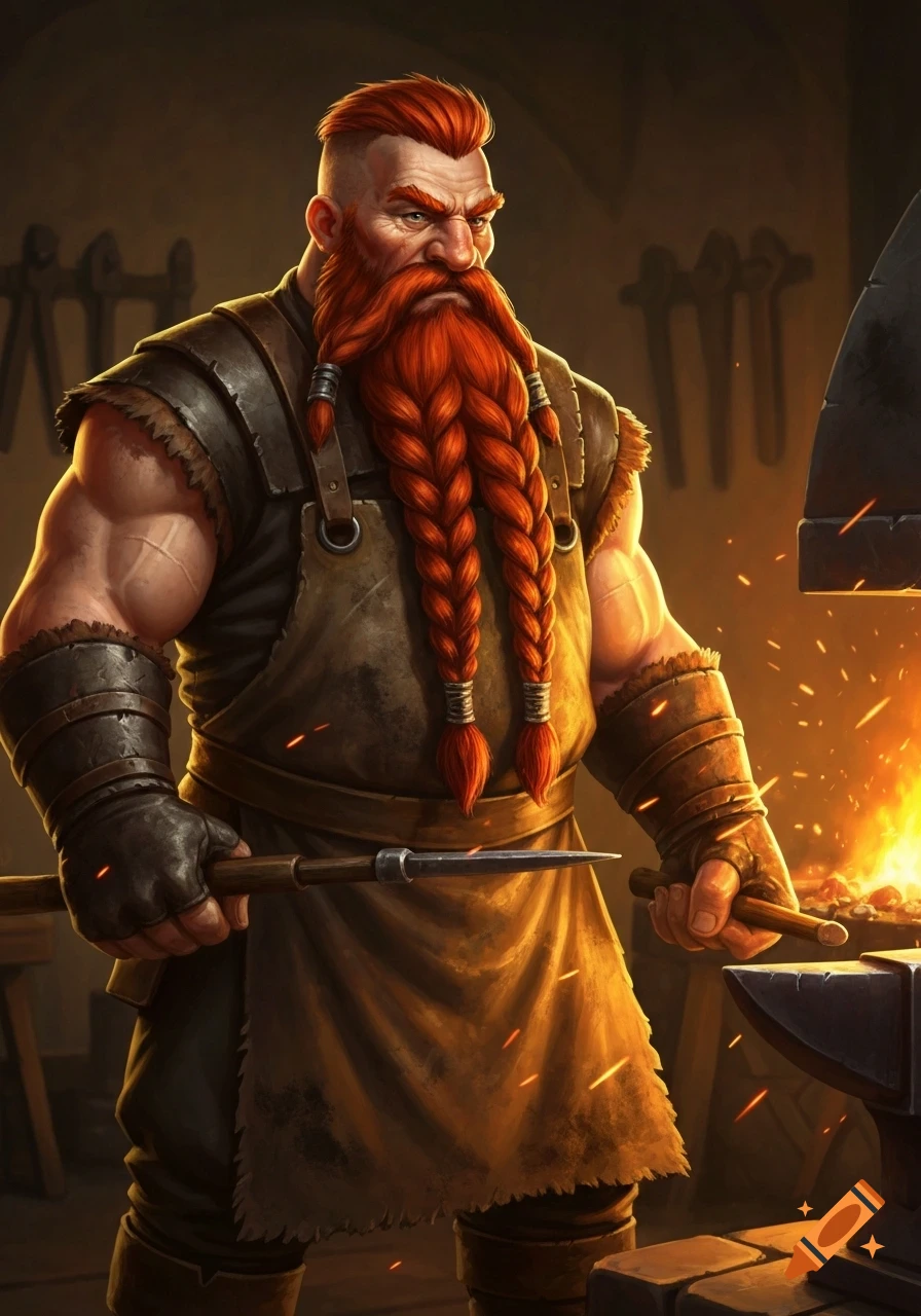 A muscular fantasy dwarf with a long red braided beard and blacksmith's apron holds tools in a fiery forge.