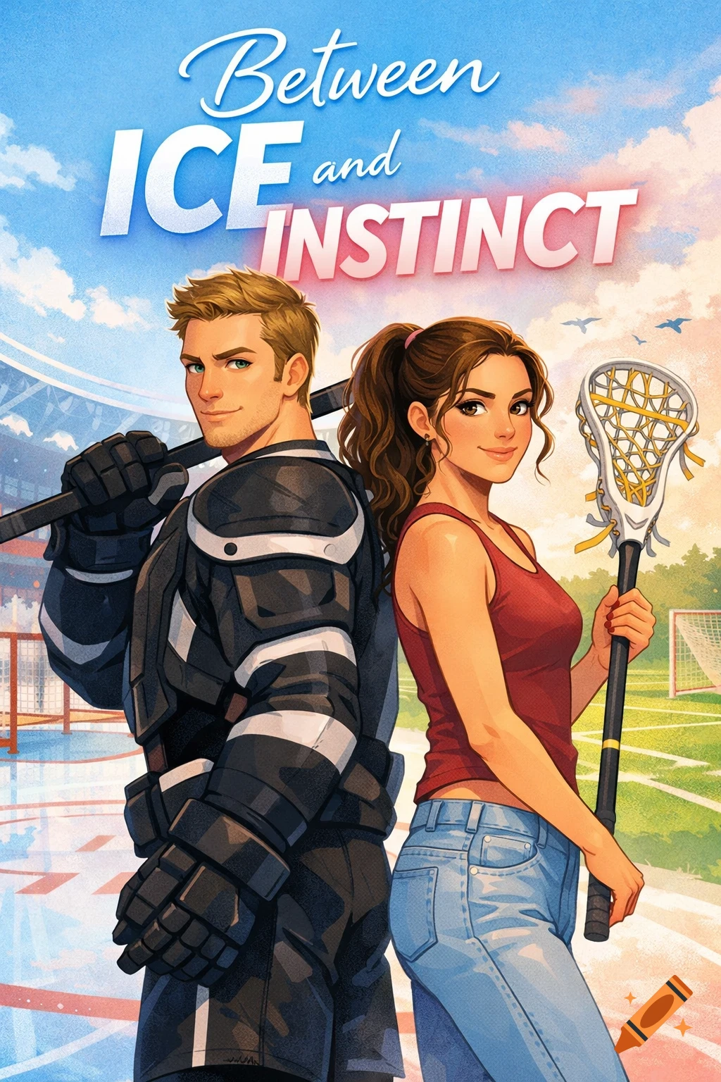 An illustrated book cover showing a male hockey player and female lacrosse player back-to-back, with fields and text 'Between ICE and INSTINCT'.