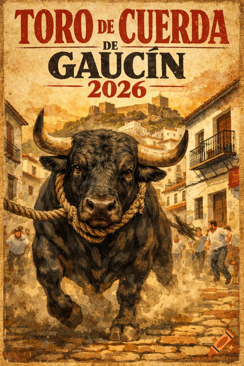 A vintage-style poster shows a powerful black bull with a rope running through a narrow Spanish street. Text: "TORO DE CUERDA DE GAUCÍN 2026".