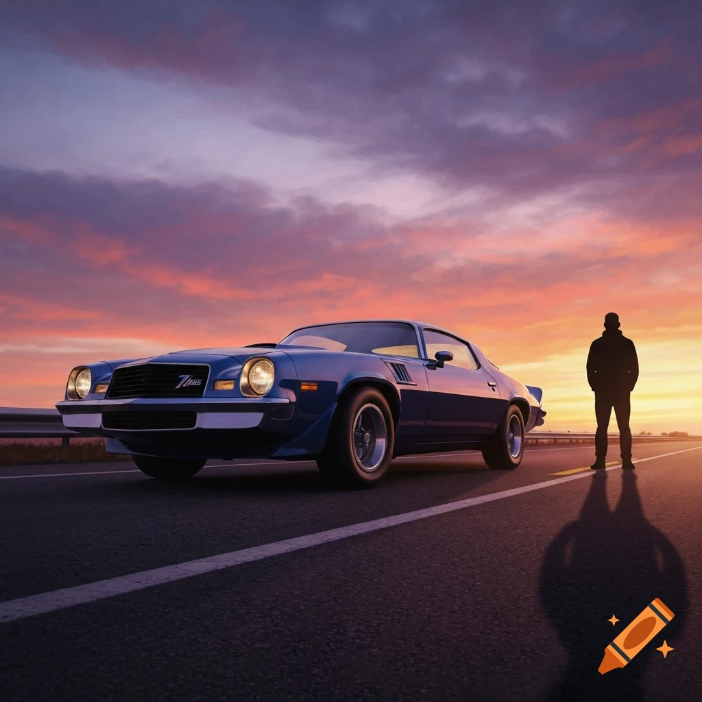 A blue 1979 Camaro Z28 is parked on an American road with a silhouetted person standing nearby at a vibrant sunset.