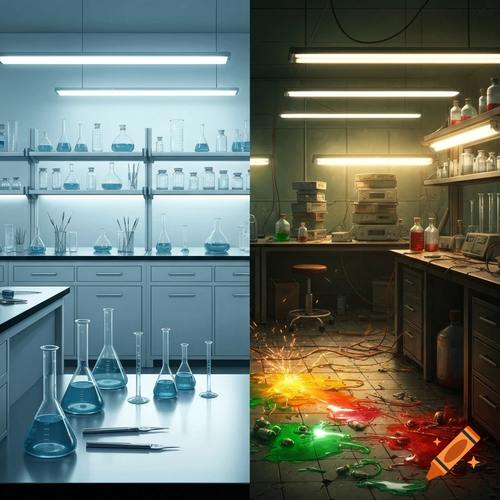 A split image showing an ideal, clean, brightly lit laboratory with organized glassware on the left, and a dark, unsafe laboratory with colorful chemical spills, sparks, and messy equipment on the right.