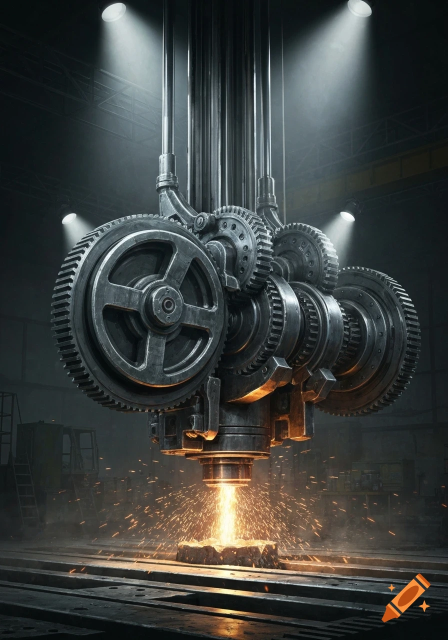 Large industrial boring machine with gears and pipes, generating sparks in a dark factory setting.
