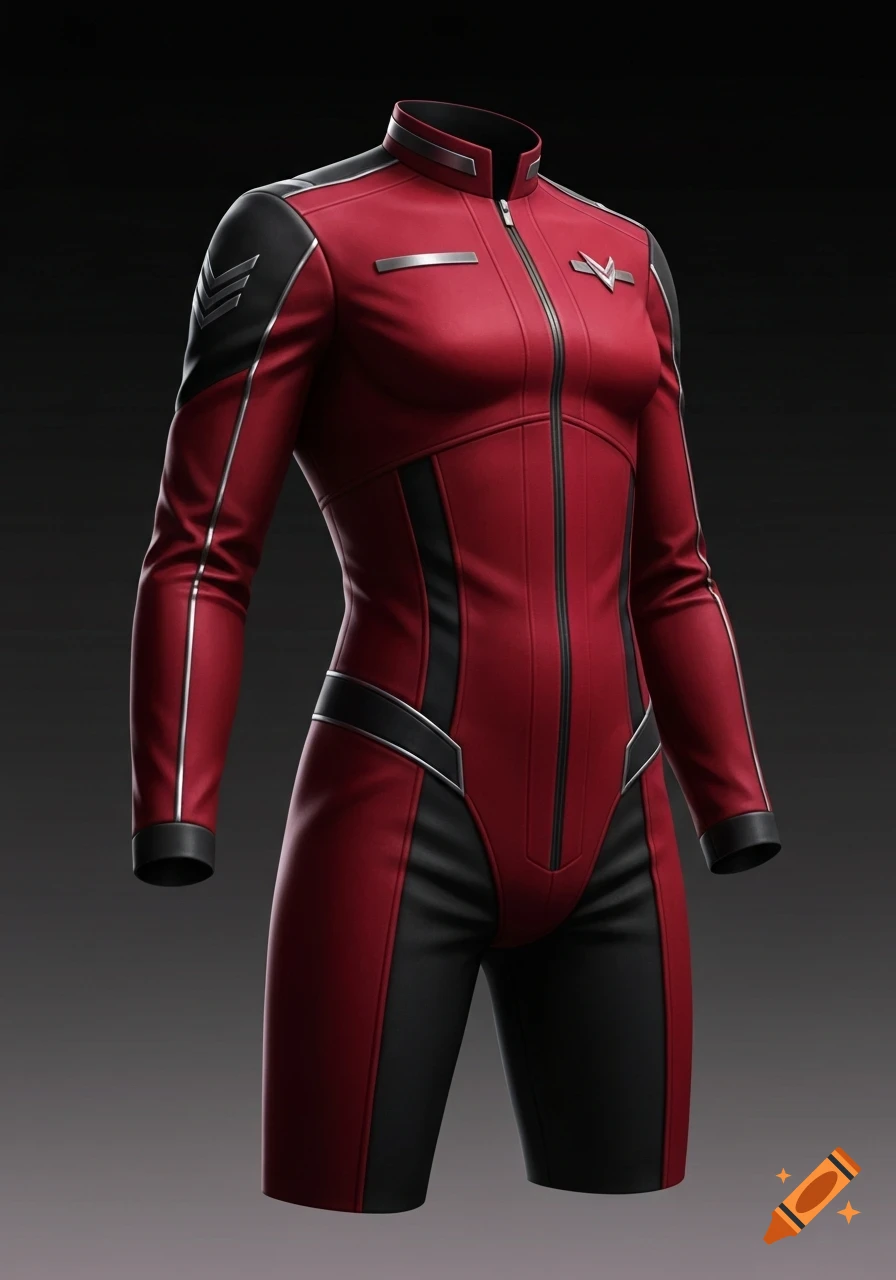 A sleek, form-fitting red and black uniform with silver accents and a zippered front, displayed on a mannequin.