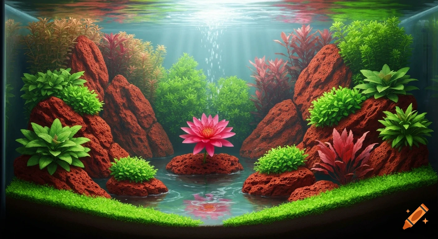 Vibrant aquascape featuring red lava rocks, lush green and red aquatic plants, and a pink water lily centered in a clear pool with light rays.