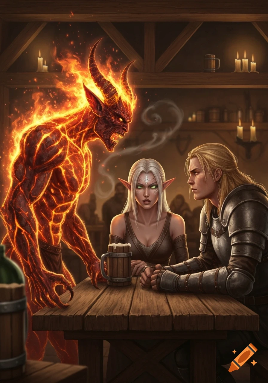 A fiery demon looms over an elf and a warrior sitting at a wooden table in a dimly lit tavern, in a detailed fantasy art style.
