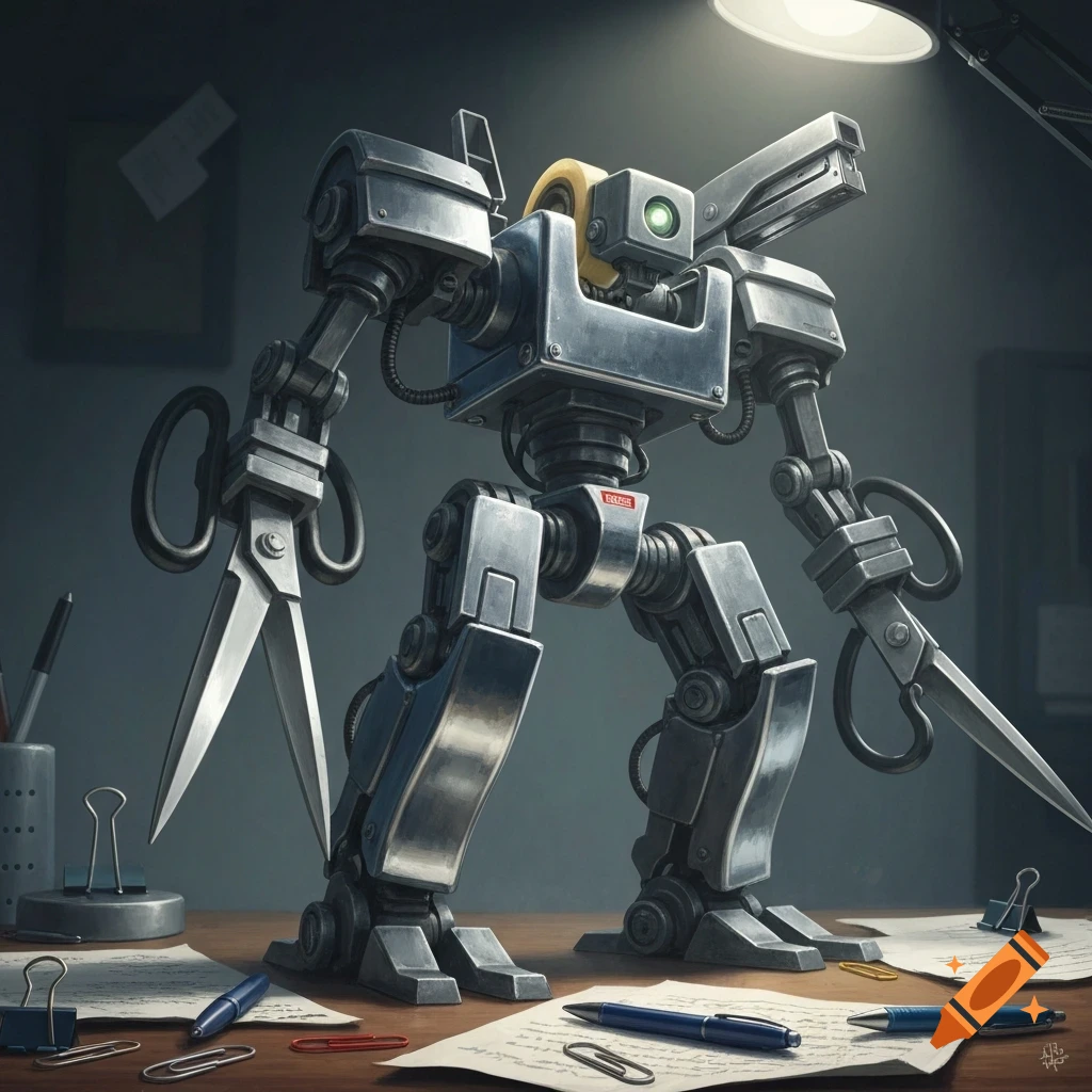 A detailed robot made from office supplies like scissors and a stapler stands on a desk amidst pens and paper.