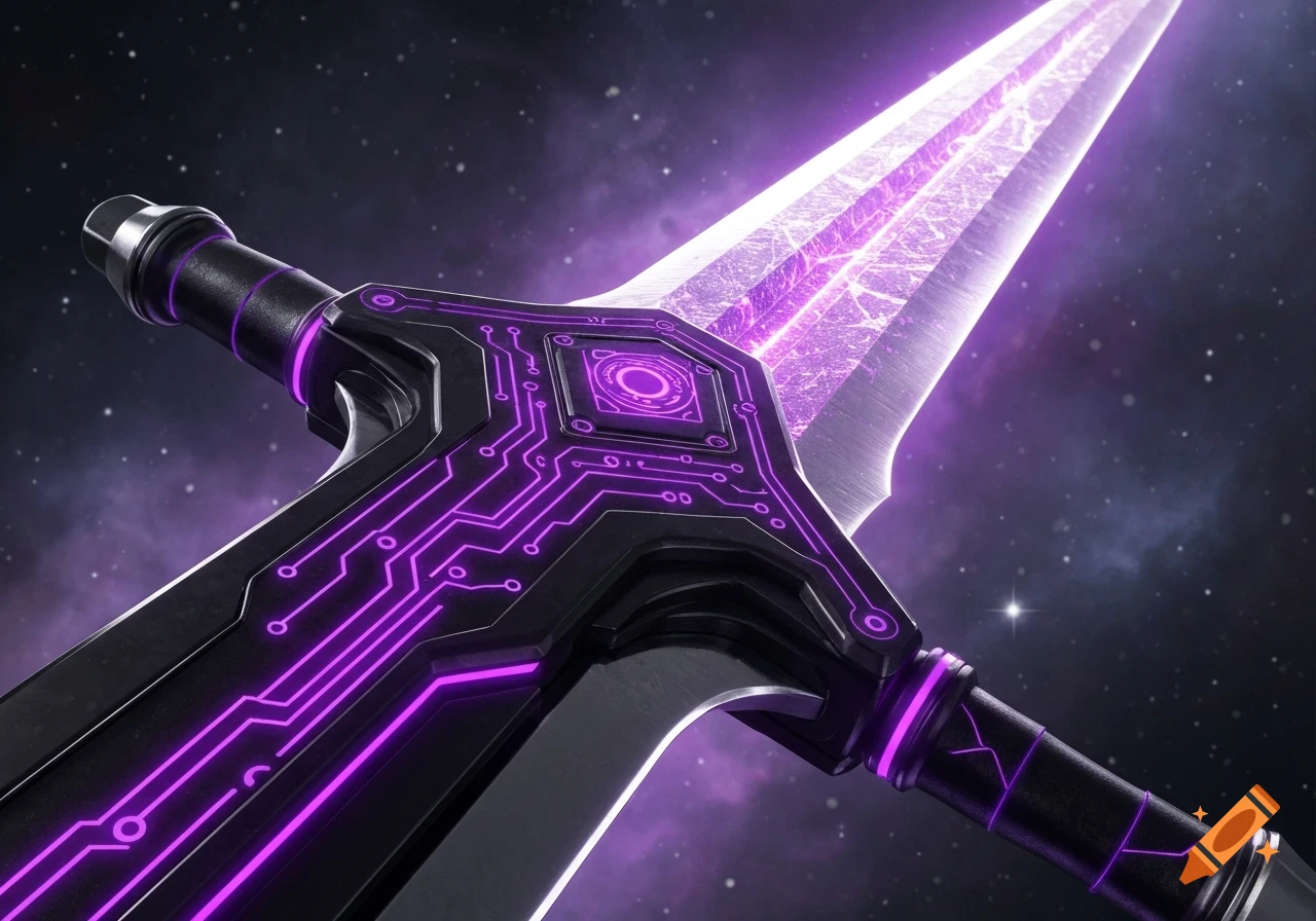 A close-up of a futuristic black sword with glowing purple circuit patterns on its hilt and a shimmering blade, set against a starry purple space background.