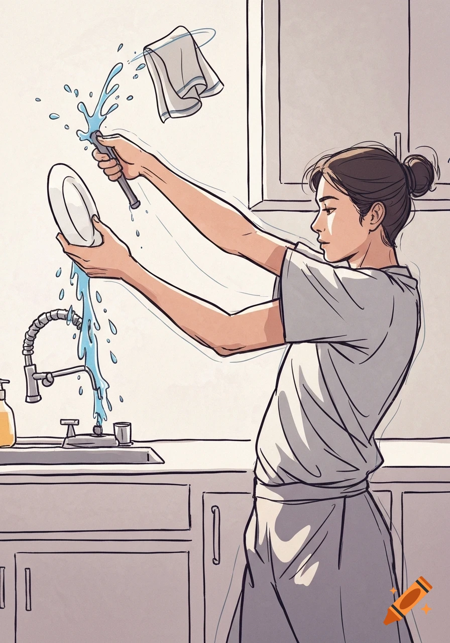 Stylized illustration of a person with outstretched arms, energetically washing dishes in a kitchen sink, with water splashing.