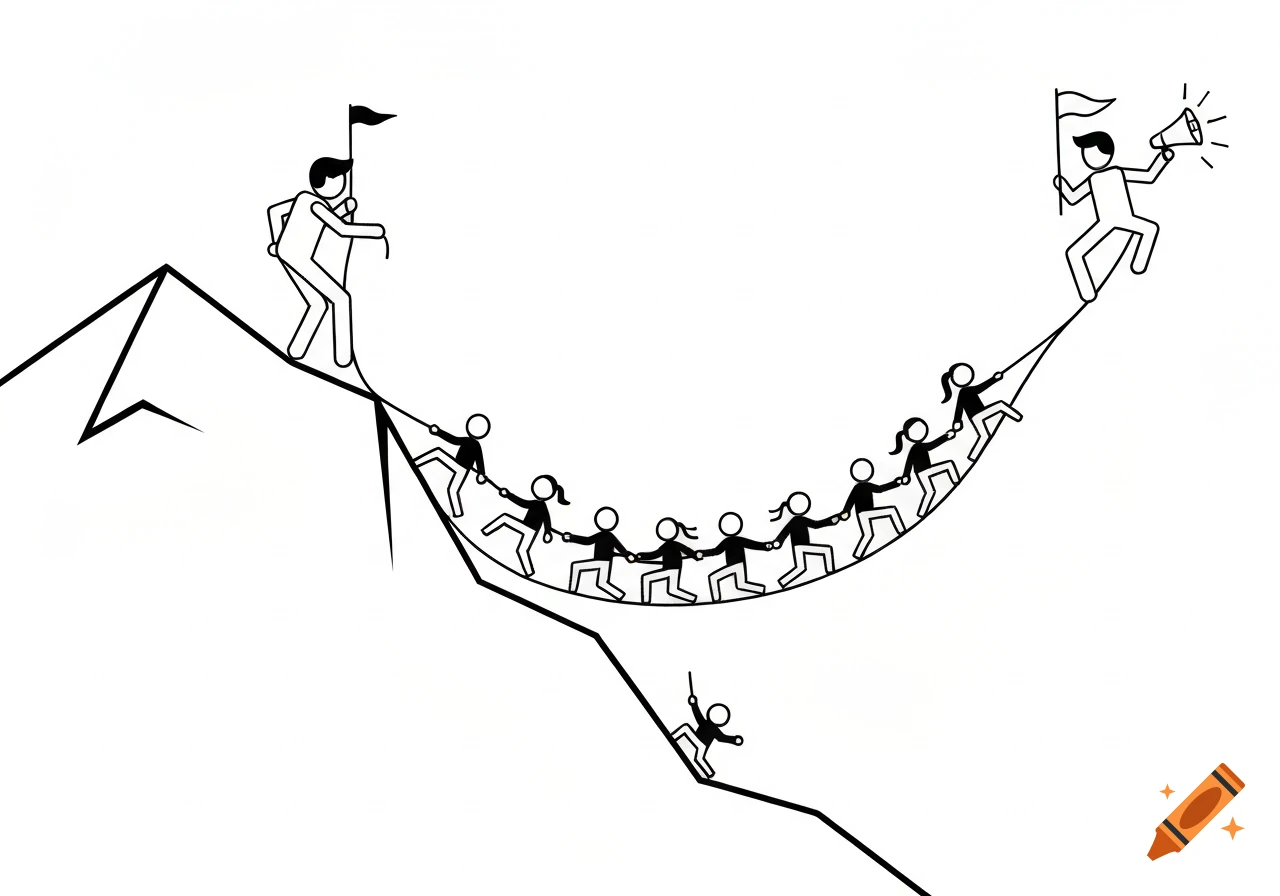 Stylized black and white stick figures depict a dad leading ten children up a mountain, holding a flag and megaphone, as they cling to a rope.