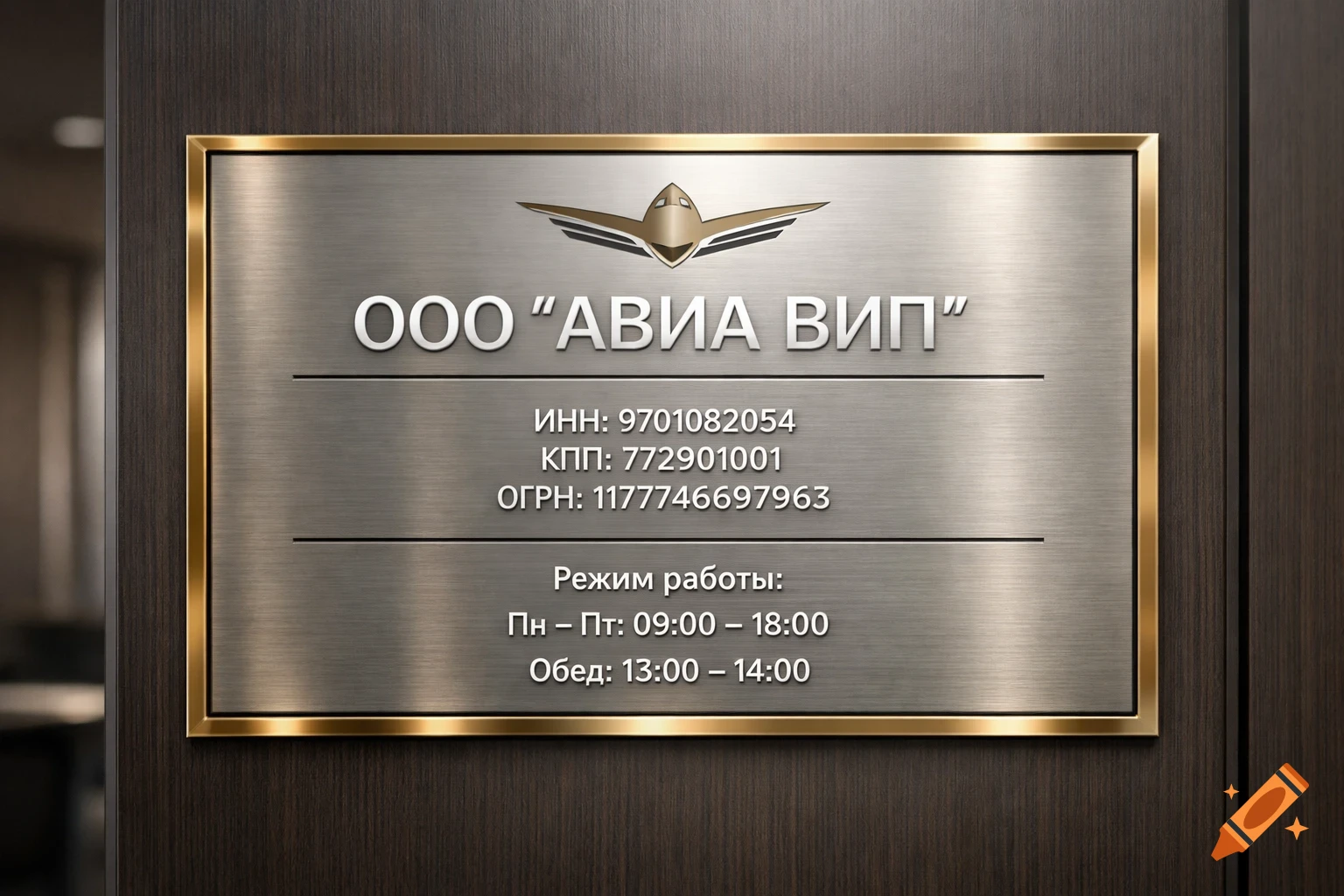 A metallic office door sign for "AVIA VIP LLC" with company details, a gold aviation logo, and working hours, set against a dark wooden door.