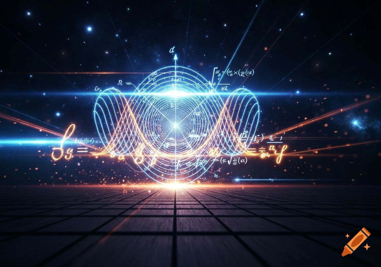 Glowing blue and orange mathematical equations and wavy lines representing movement, against a dark, starry background with a grid floor.
