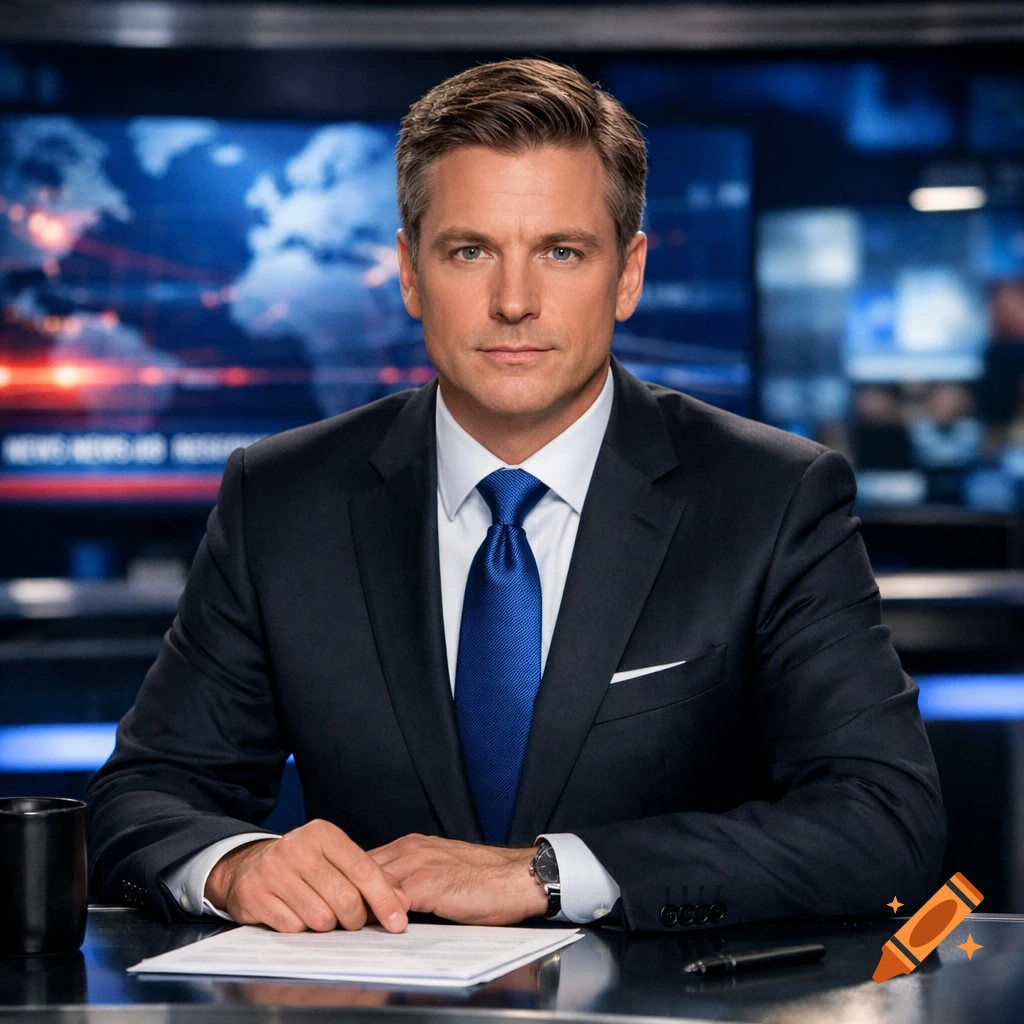 A male news anchor in a dark suit and blue tie sits at a desk in a modern newsroom with world map screens behind him.