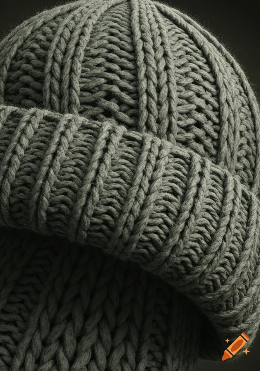 Close-up of a grey knitted beanie, showing detailed ribbed and braided knit patterns.