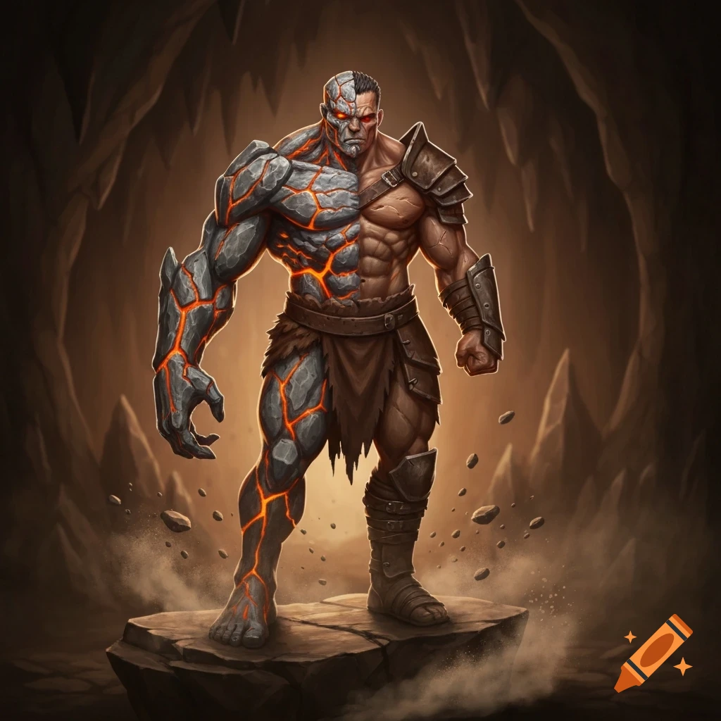 A muscular half-human, half-earth elemental warrior with glowing lava cracks stands on a rock in a dark cave.