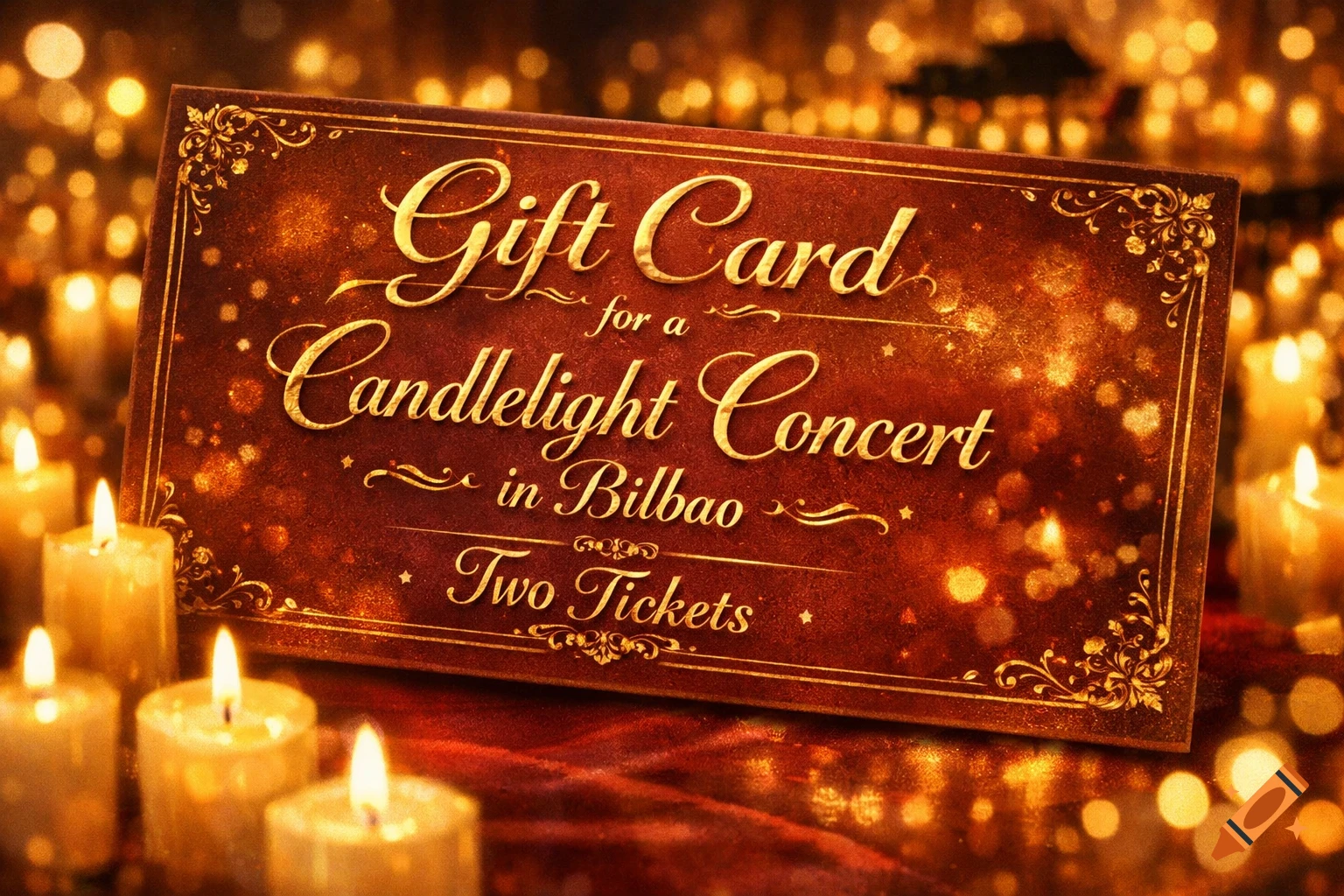 A decorative gift card for a Candlelight Concert in Bilbao with two tickets, surrounded by many lit candles and warm bokeh lights.