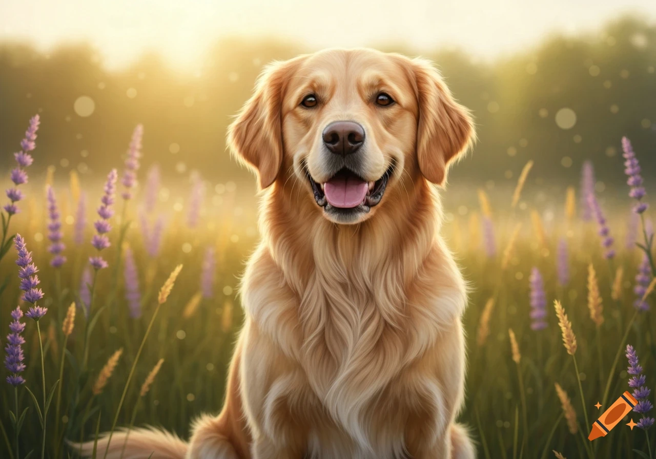 A golden retriever dog with a happy expression sits in a sunlit field of purple lavender flowers and golden grass.