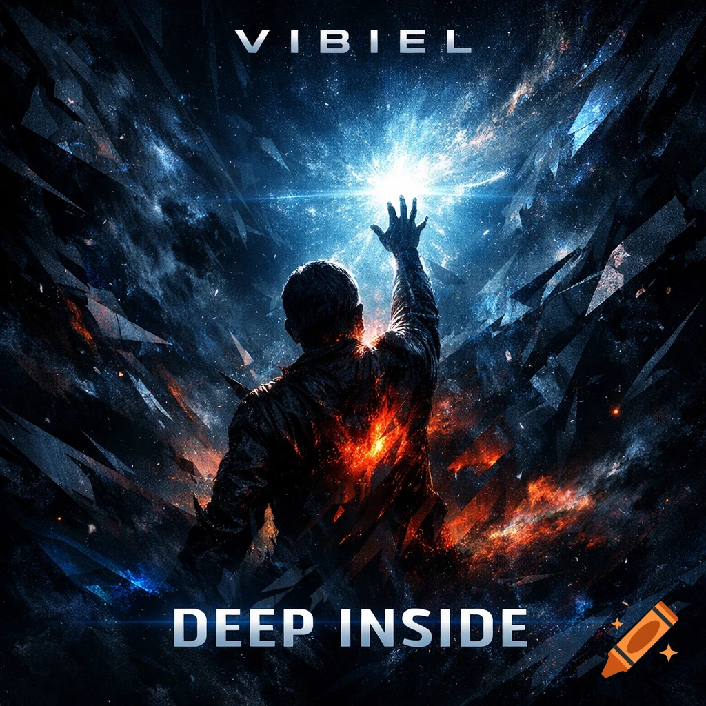 Dramatic album art of a person reaching towards a bright cosmic light amidst shattered, glowing blue and orange elements. Text 'VIBIEL DEEP INSIDE'.