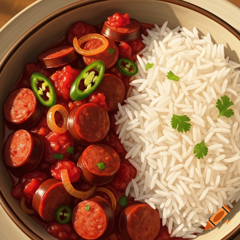 A close-up, overhead view of a bowl of rougail saucisse with sliced sausages, onions, and jalape\u00f1os, served with white basmati rice.
