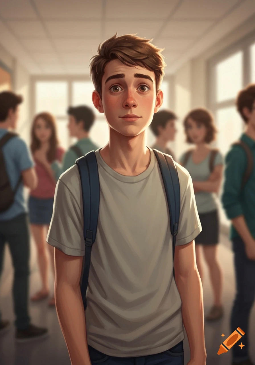 A young male student with a blue backpack stands in a school hallway, looking forward with wide eyes, in a digital art style.