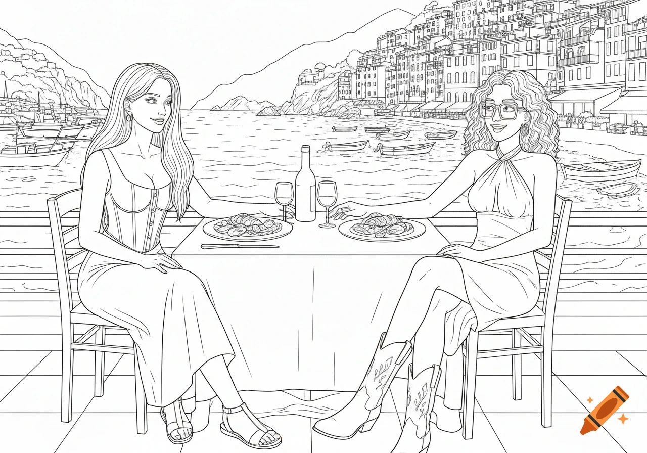 Black and white line art of two women dining at a seaside restaurant with a town and boats in the background, coloring book style.